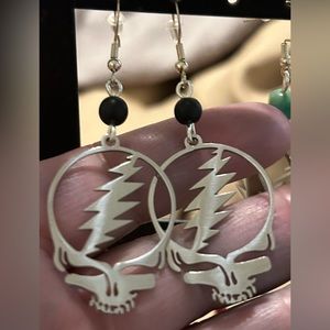 Grateful Dead Stealie hanging earrings with black bead. Artisan handmade.